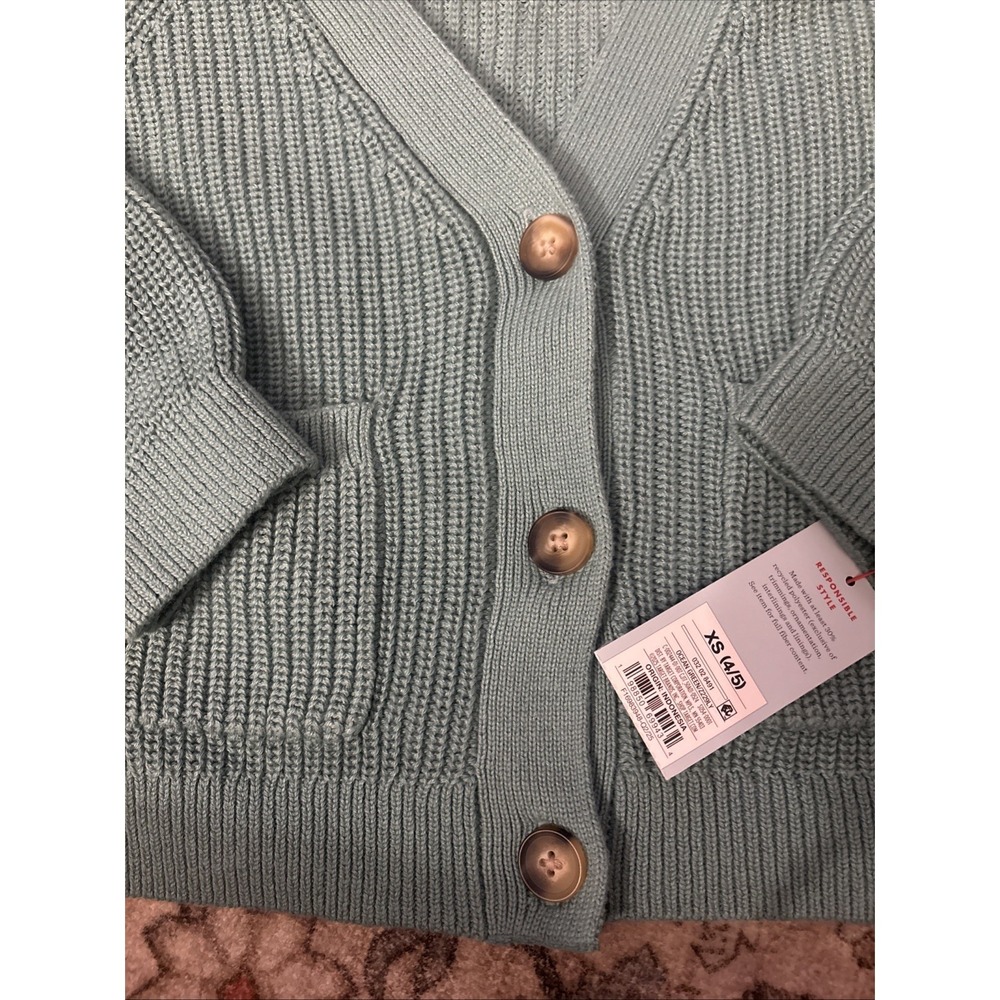 Cat & Jack Girls Cardigan Size XS 4 5 Button Front V-Neck Sweater Ocean Green - Picture 2 of 5